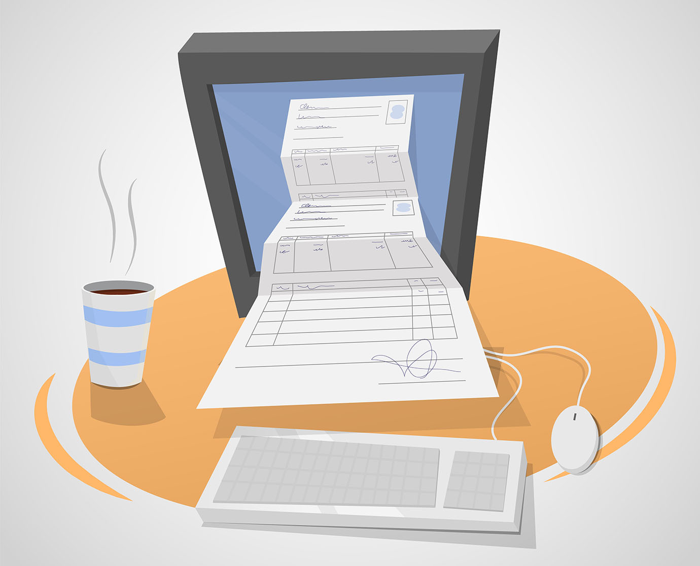 Desktop computer with a huge bill coming out of the screen.
