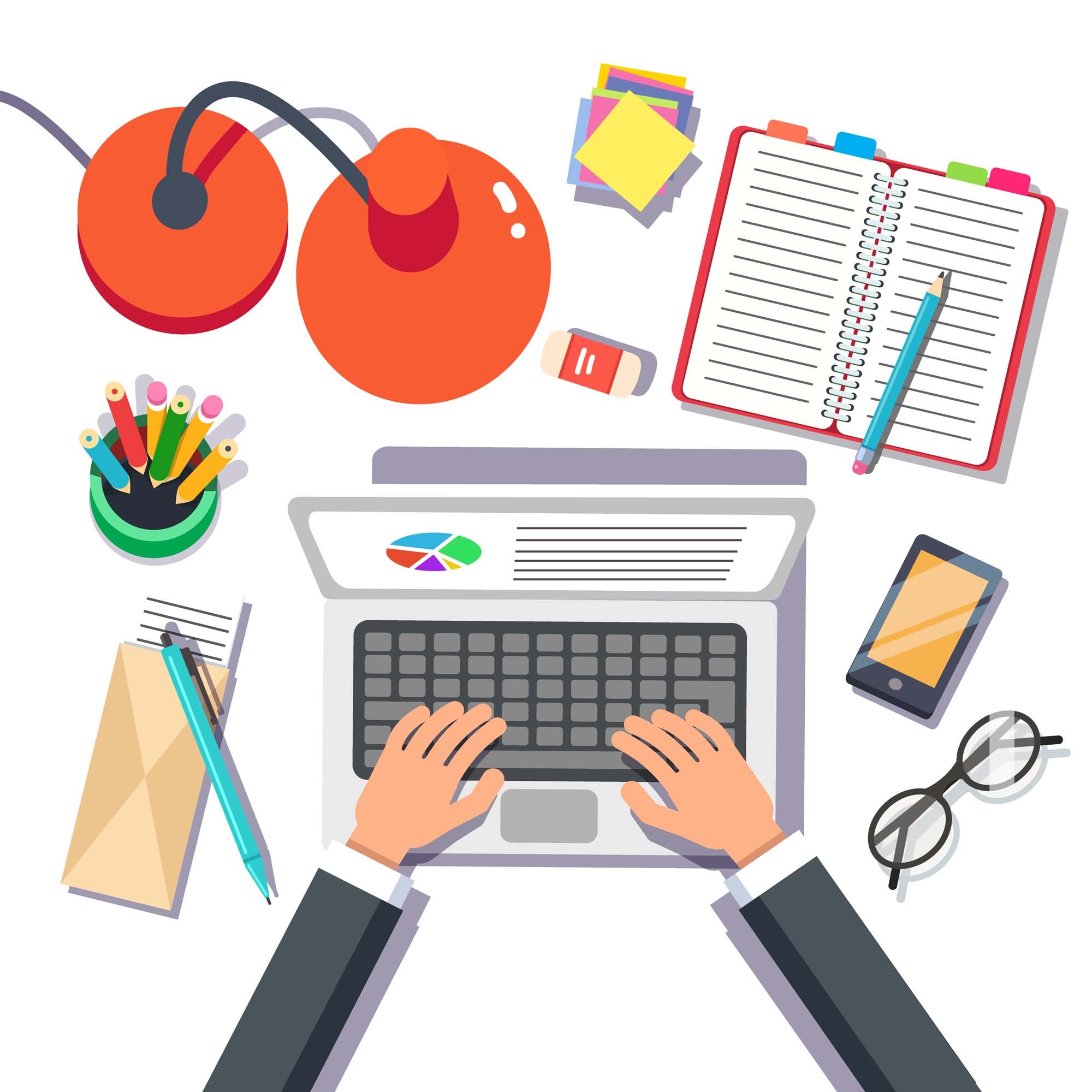 Businessman writing sales or marketing report on a laptop. Top view. Flat style vector illustration.